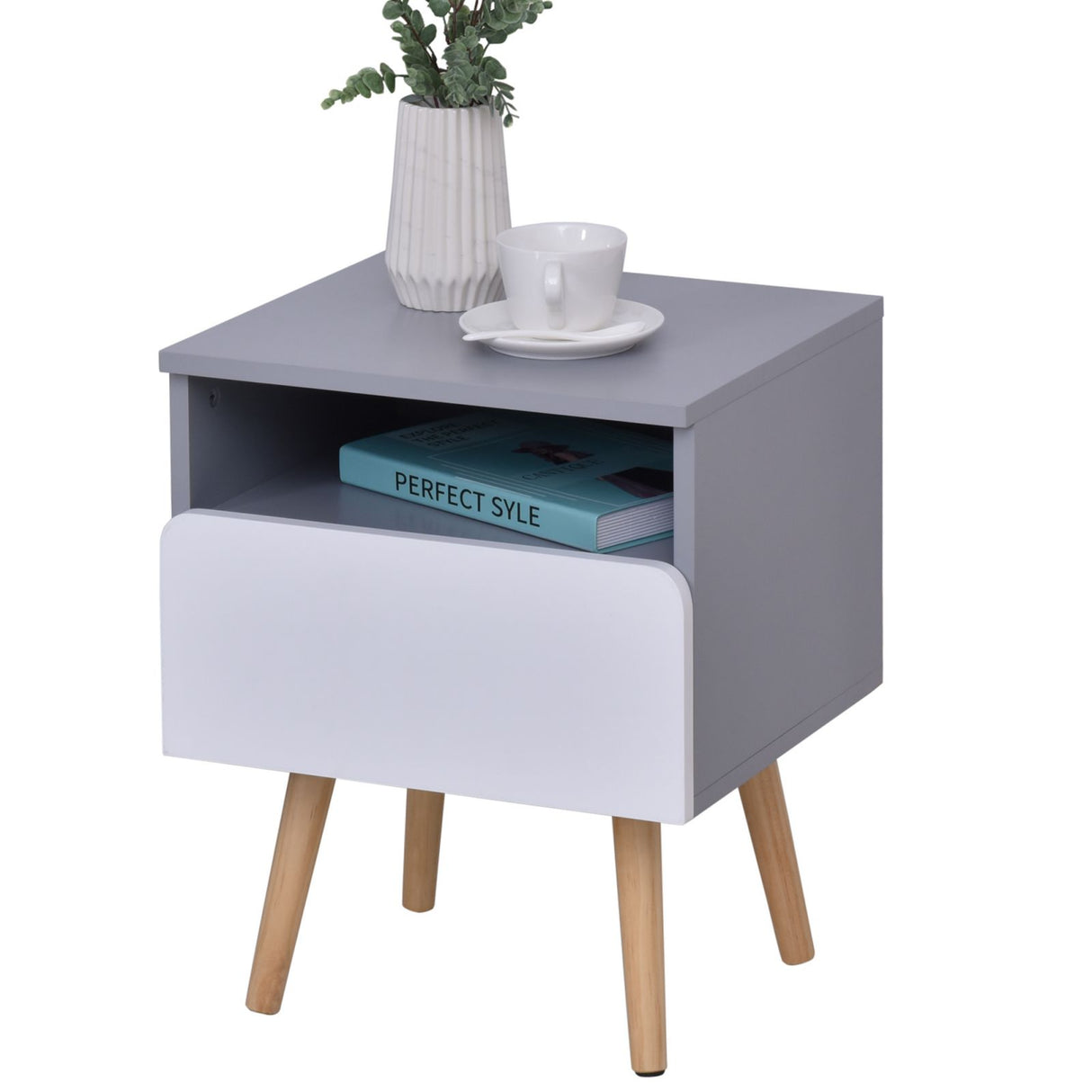 easycomfort easycomfort comodino in legno mdf grigio e bianco con 1 cassetto e gambe in legno di pino 40x34 3x50cm ean 8054111844741