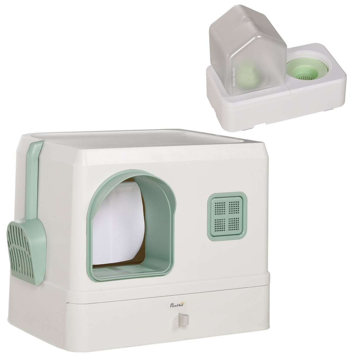 easycomfort easycomfort lettiera coperta per gatti e fontanella vassoio e paletta 50x40x40cm verde e bianca