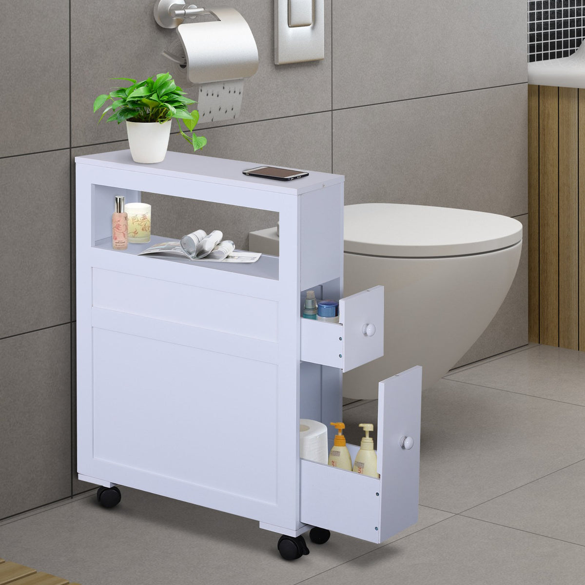 Mobiletto Bagno Compatto 16x52x66cm HOMCOM Mobiletto Portagiochi Per Bambini 3-12 Anni Con Ruote E Salvaspazio, 90x30x37.9cm, Bianco Mobile Bagno - 7