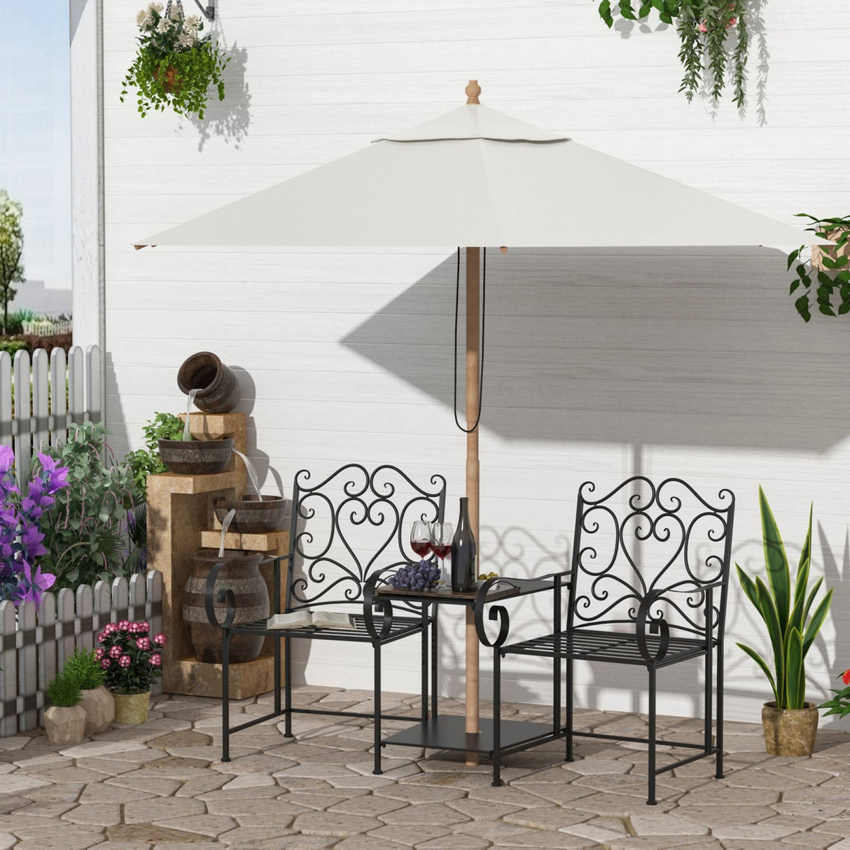 easycomfort easycomfort panchina da giardino 2 posti con tavolino e foro per ombrellone nero ean 8055776912837