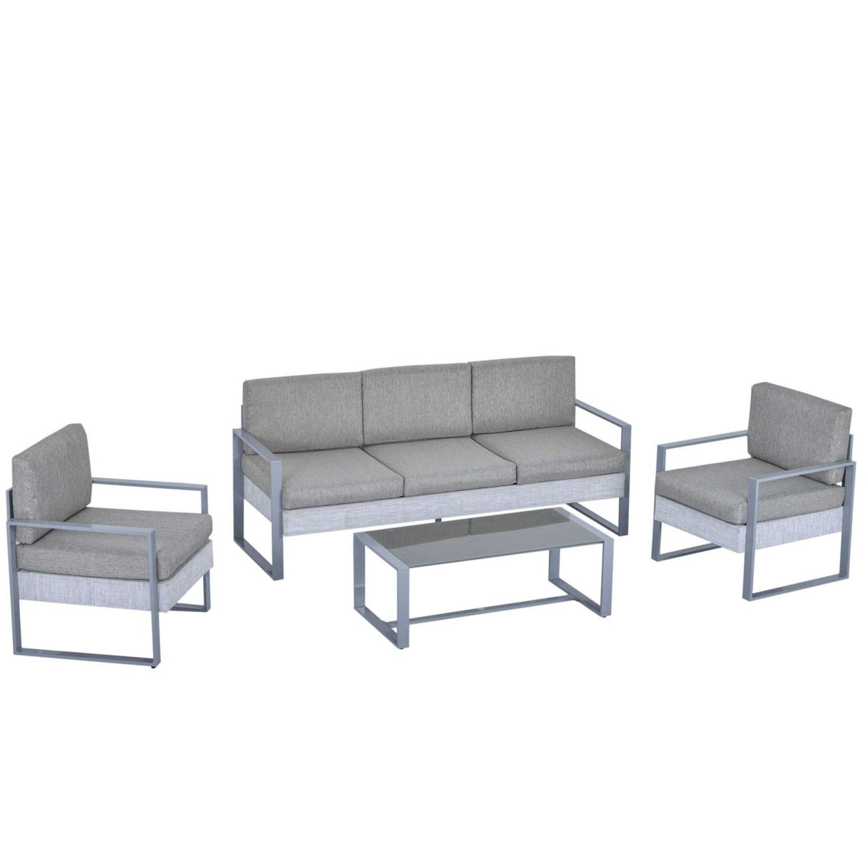easycomfort easycomfort set 4 pezzi mobili da giardino con divano 3 posti 2 poltrone con cuscini e tavolino in alluminio e vetro grigio ean 8055776916620