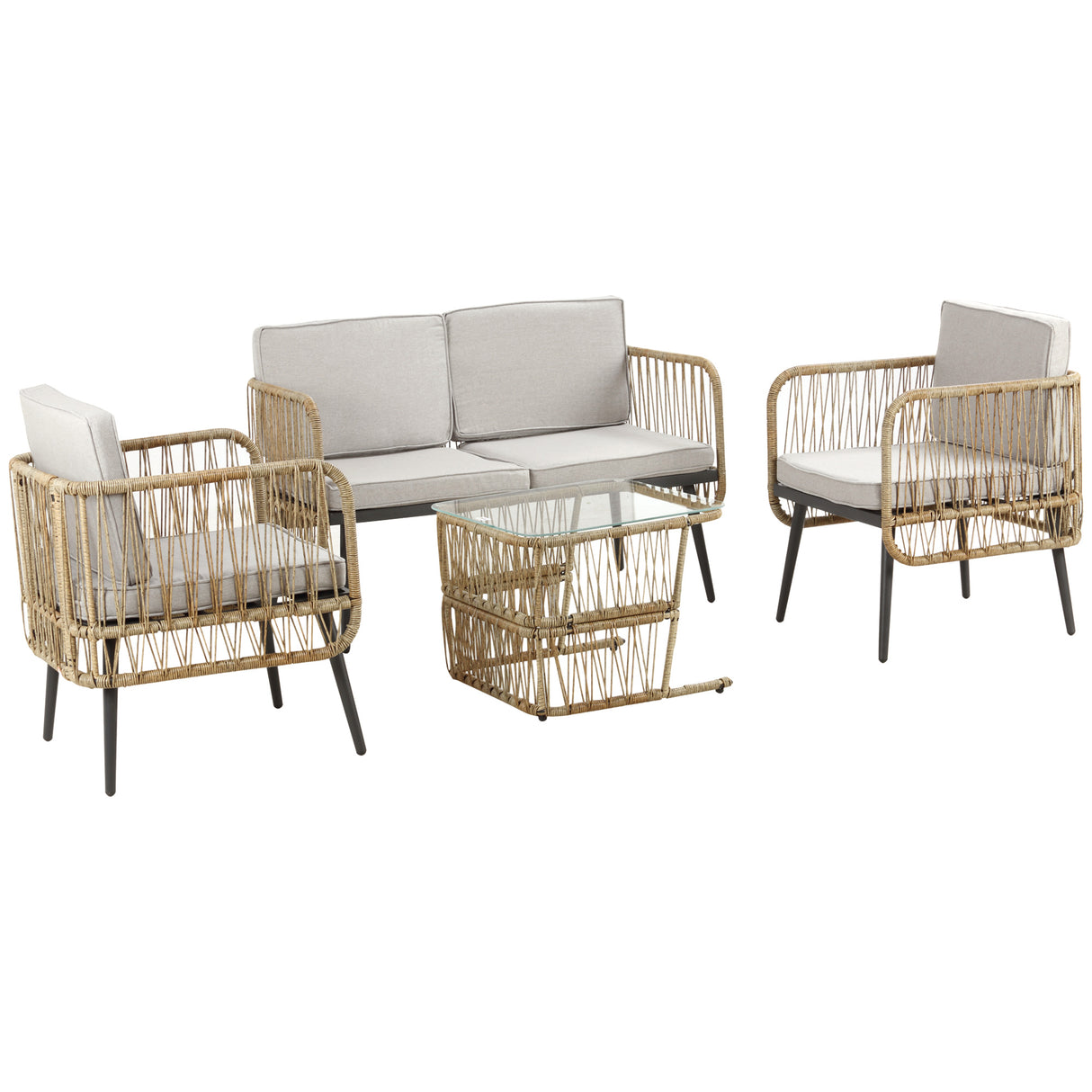 easycomfort easycomfort set da 4 pezzi in rattan pe 2 sedie divano 2 posti e tavolino in vetro temperato