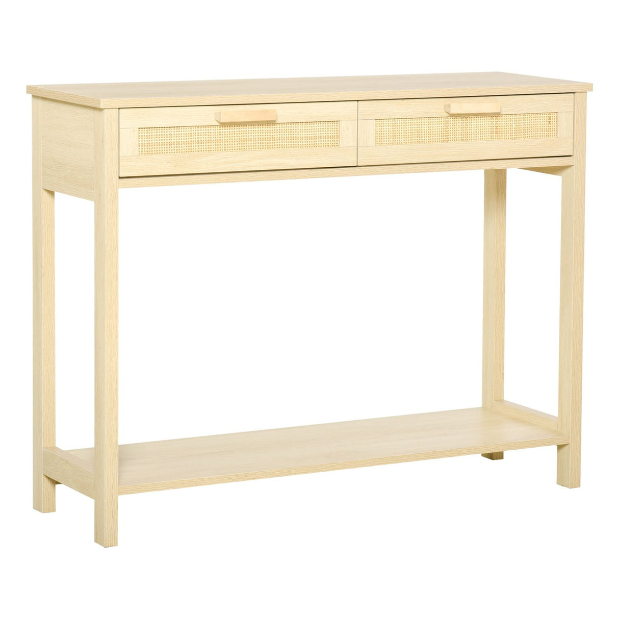 easycomfort easycomfort tavolino consolle in legno con 2 cassetti in rattan 100x30x76cm