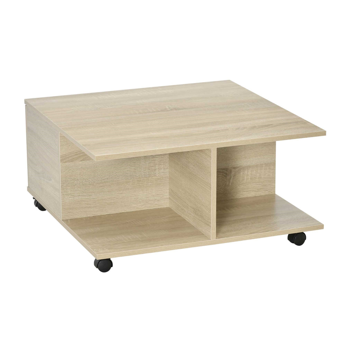 easycomfort easycomfort tavolino da caffe in legno con 2 cassetti 2 mensole e ruote con freno 70x70x35cm legno