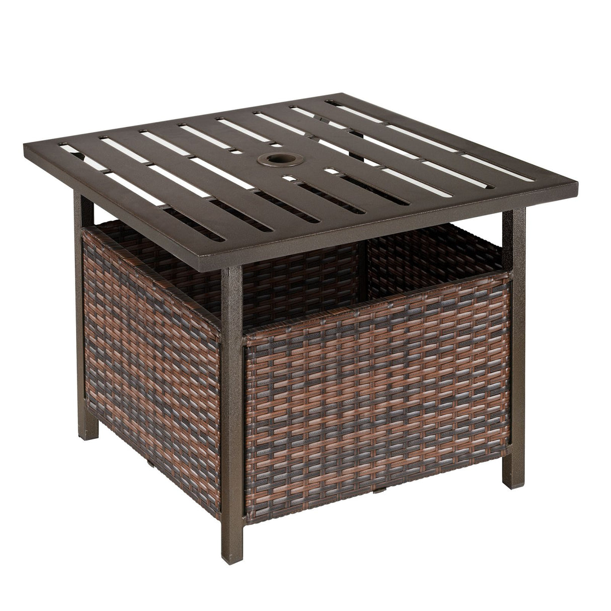 easycomfort easycomfort tavolino da giardino con foro per ombrellone e cesta inferiore in rattan pe e acciaio 55 5x55 5x46cm marrone ean 8054144135854