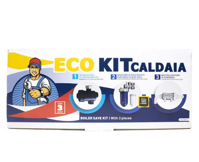 euroacque eco kit salvacaldaia euroacque con filtro defangatore magnetico dosatore polifosfato neutralizzatore di condensa ricarica e chiave per il dosatore ean 8054602010181