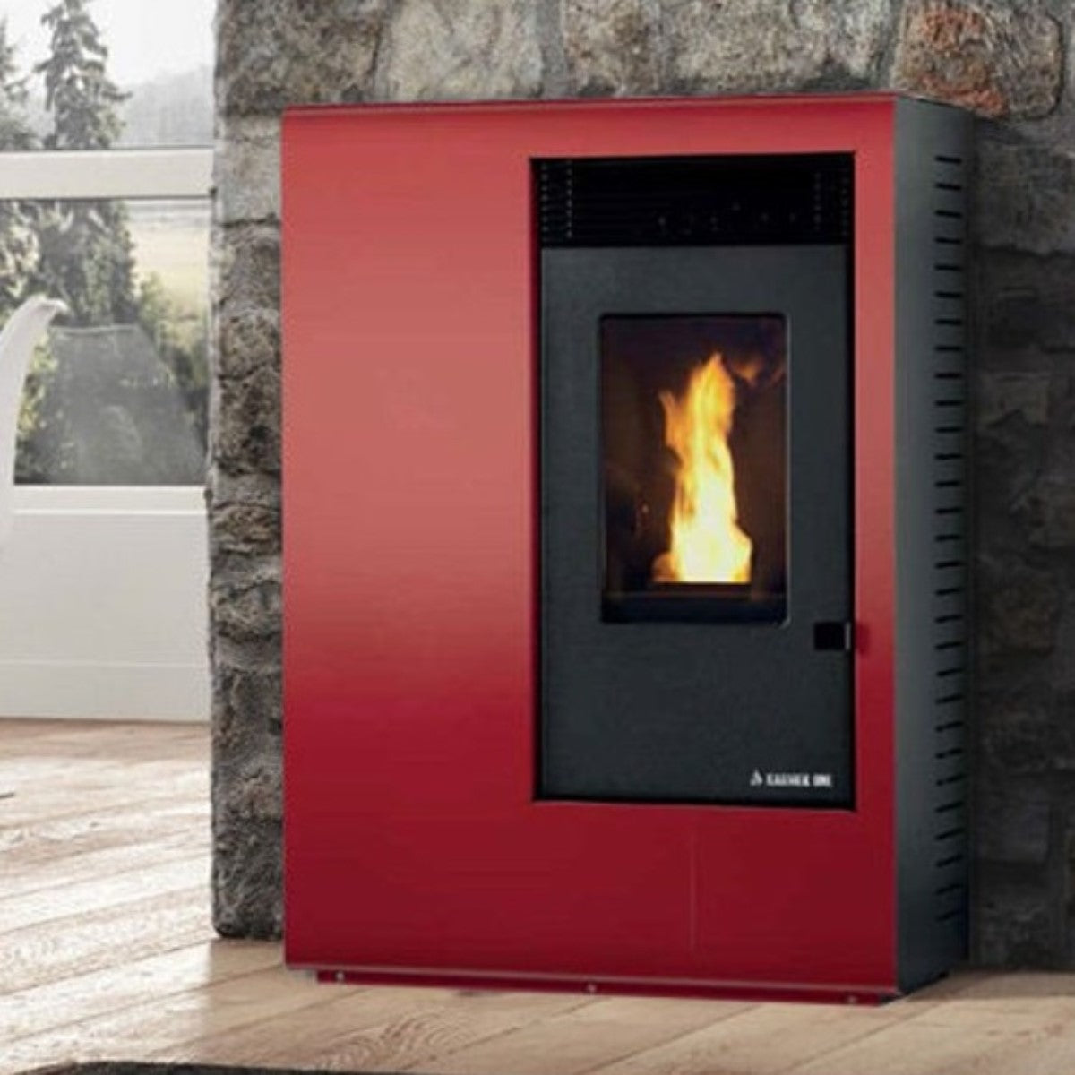 karmek one stufa a pellet ad aria ventilata forzata karmek one modello ibiza s 105 kw in acciaio colore rosso