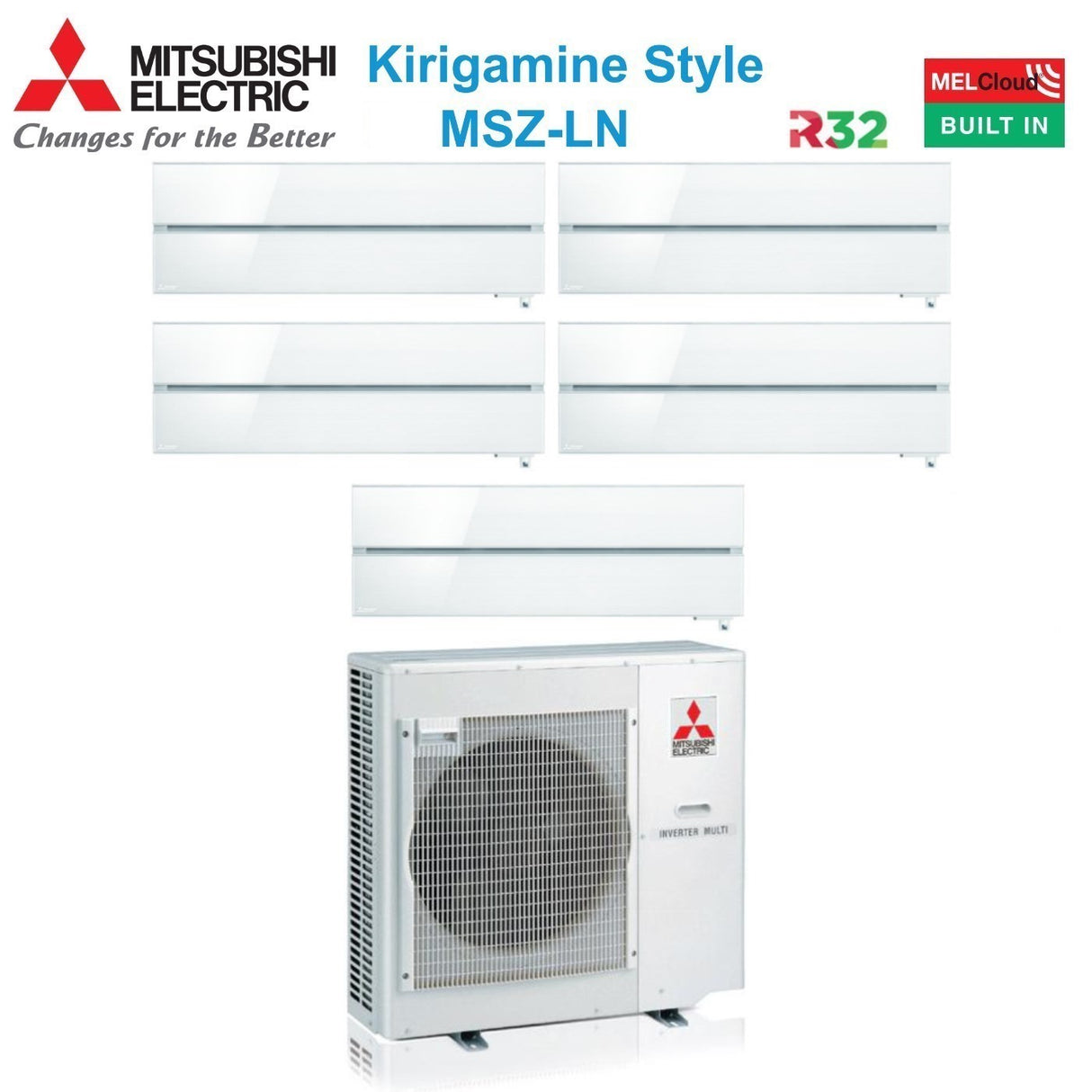 mitsubishi electric climatizzatore condizionatore mitsubishi electric penta split inverter serie kirigamine style msz ln 99121212 con mxz 5f102vf pearl white r 32 wi fi integrato colore bianco perla 90009000120001200012000