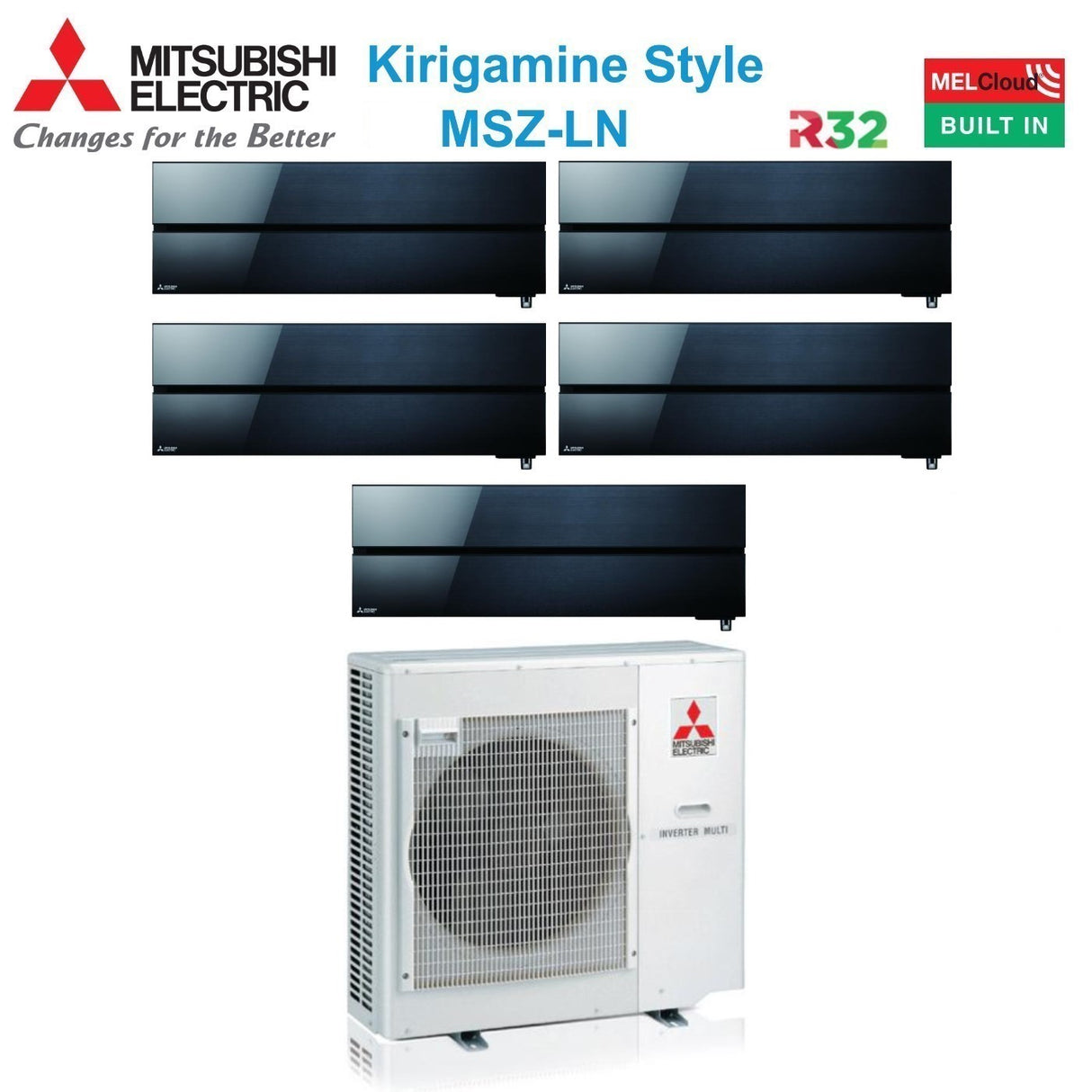 mitsubishi electric climatizzatore condizionatore mitsubishi electric penta split inverter serie kirigamine style msz ln 999912 con mxz 5f102vf onyx black r 32 wi fi integrato colore nero 900090009000900012000