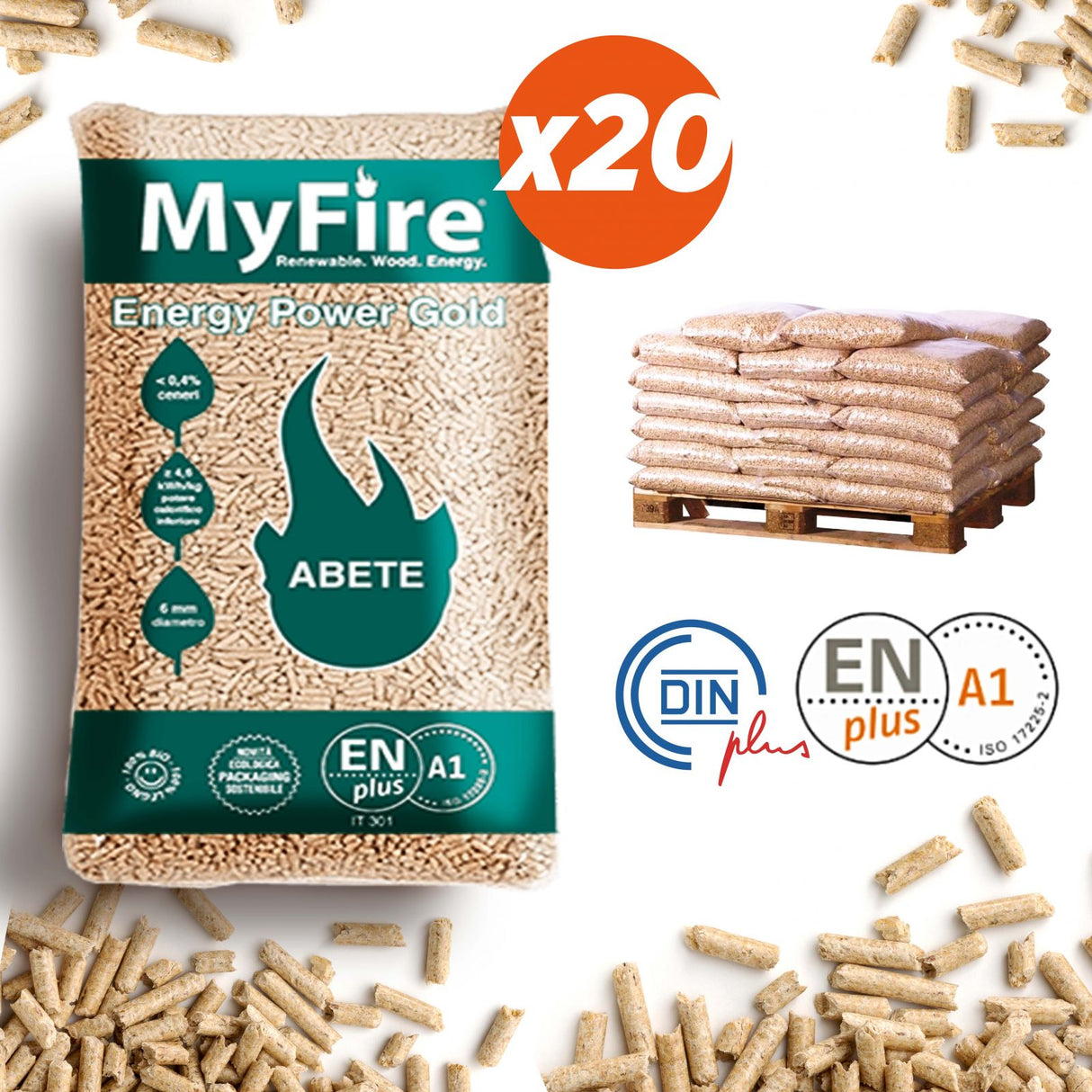 my fire pellet di legno in sacchi da 15 kg marca my fire verde legno pinoabete pedana da 20 sacchi