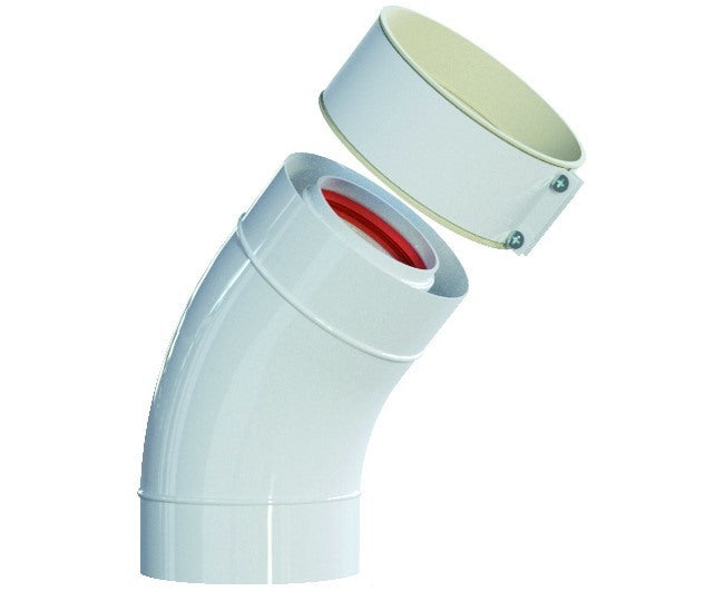 pucci fumisteria curva coassiale hidros 45 con manicotto fascetta bianca modello 60100 codice ccp45mfb