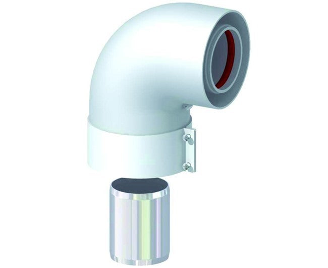 pucci fumisteria curva coassiale hidros 90 con manicotto fascetta bianca modello 60100 codice ccp610mfb