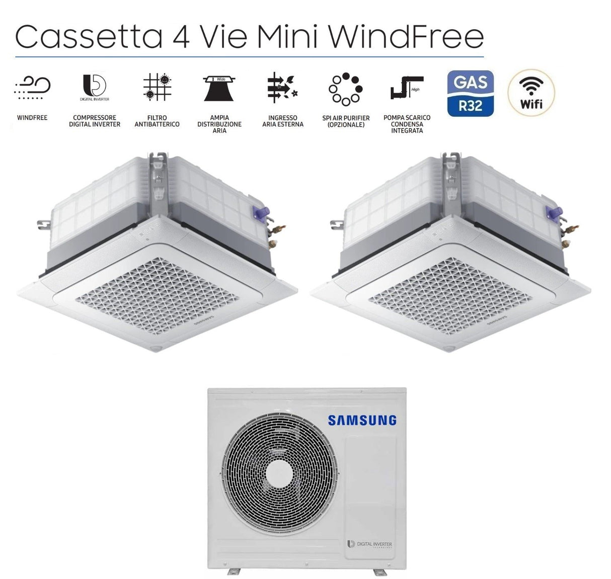 samsung climatizzatore condizionatore samsung dual split inverter cassetta 4 vie mini windfree 1212 con aj068txj3kgeu r 32 1200012000 wi fi optional con griglia inclusa