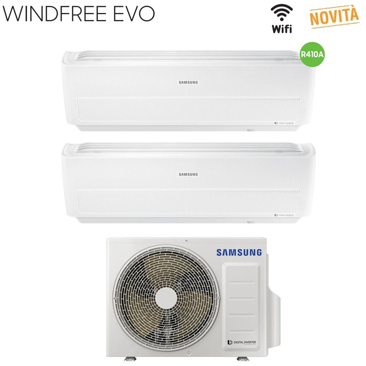 samsung climatizzatore condizionatore samsung dual split inverter serie windfree evo 77 con aj040mcj2eh r 410 wi fi integrato 70007000 novita 2019 ean 8059657019400