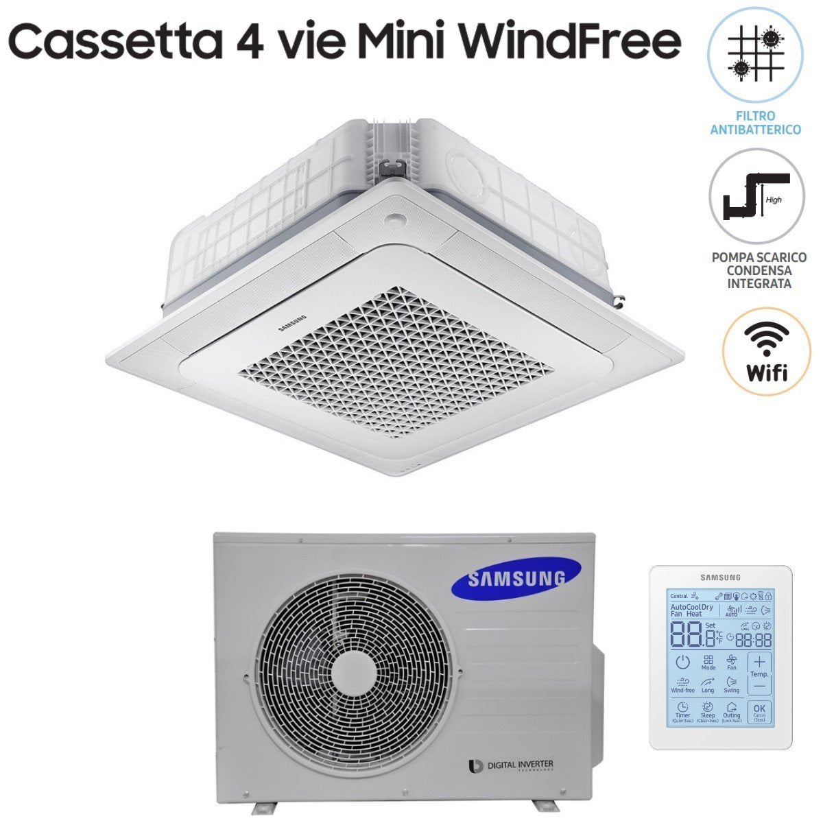 samsung climatizzatore condizionatore samsung mini cassetta 4 vie windfree 18000 btu ac052nnndkh r 410 wi fi optional con telecomando wireless e pannello incluso