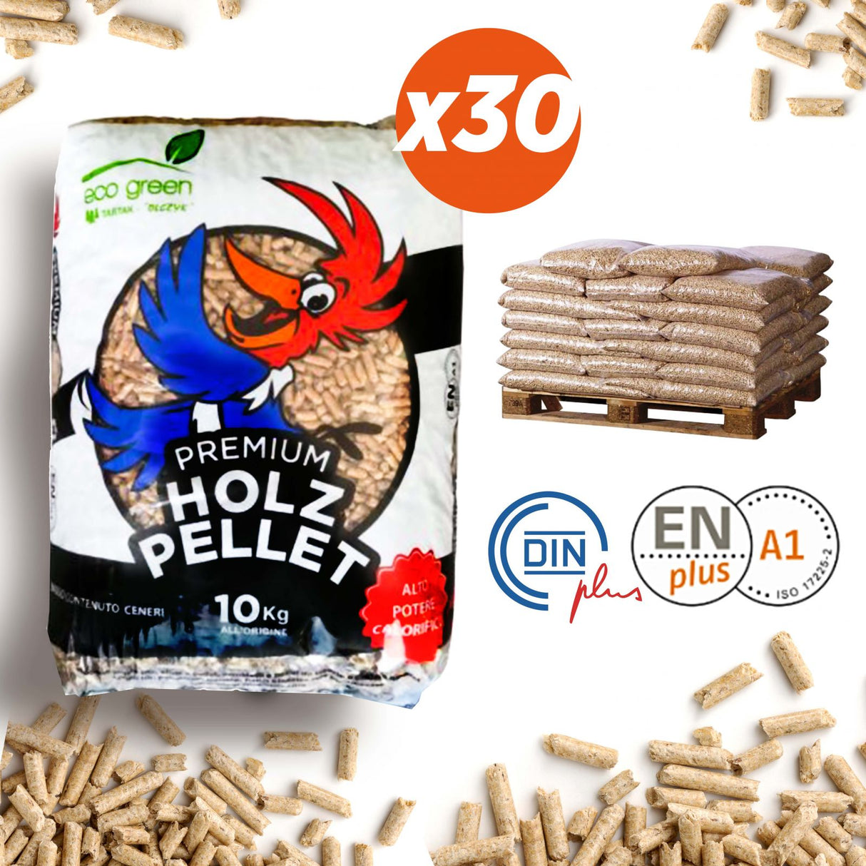 tartak pellet di legno in sacchi da 10 kg marca tartak picchio legno conifere pedana da 30 sacchi