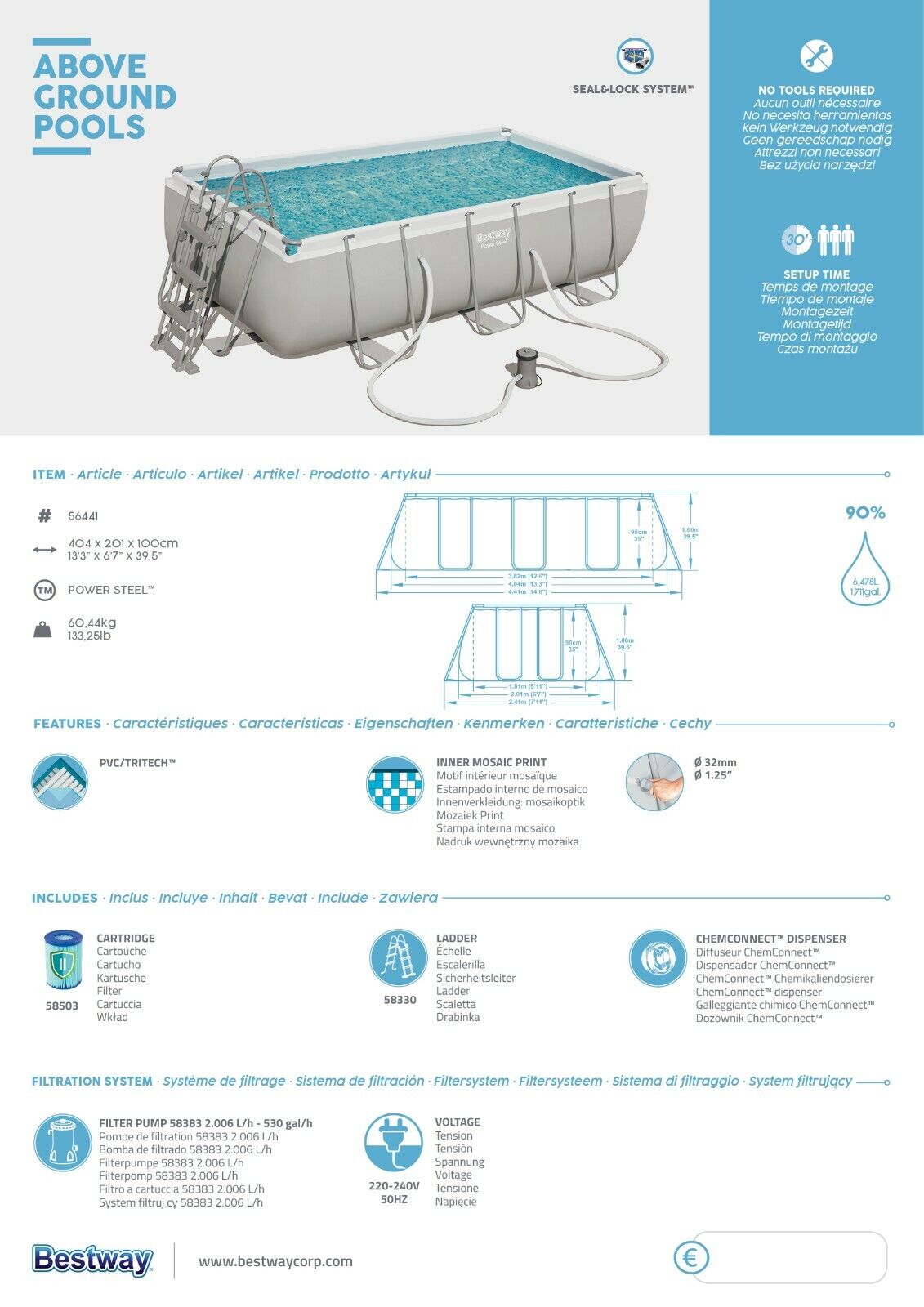 bestway piscina fuori terra bestway 56441 power steel 404x201x100h scaletta rampa esternapompa filtrante 6 478 litri