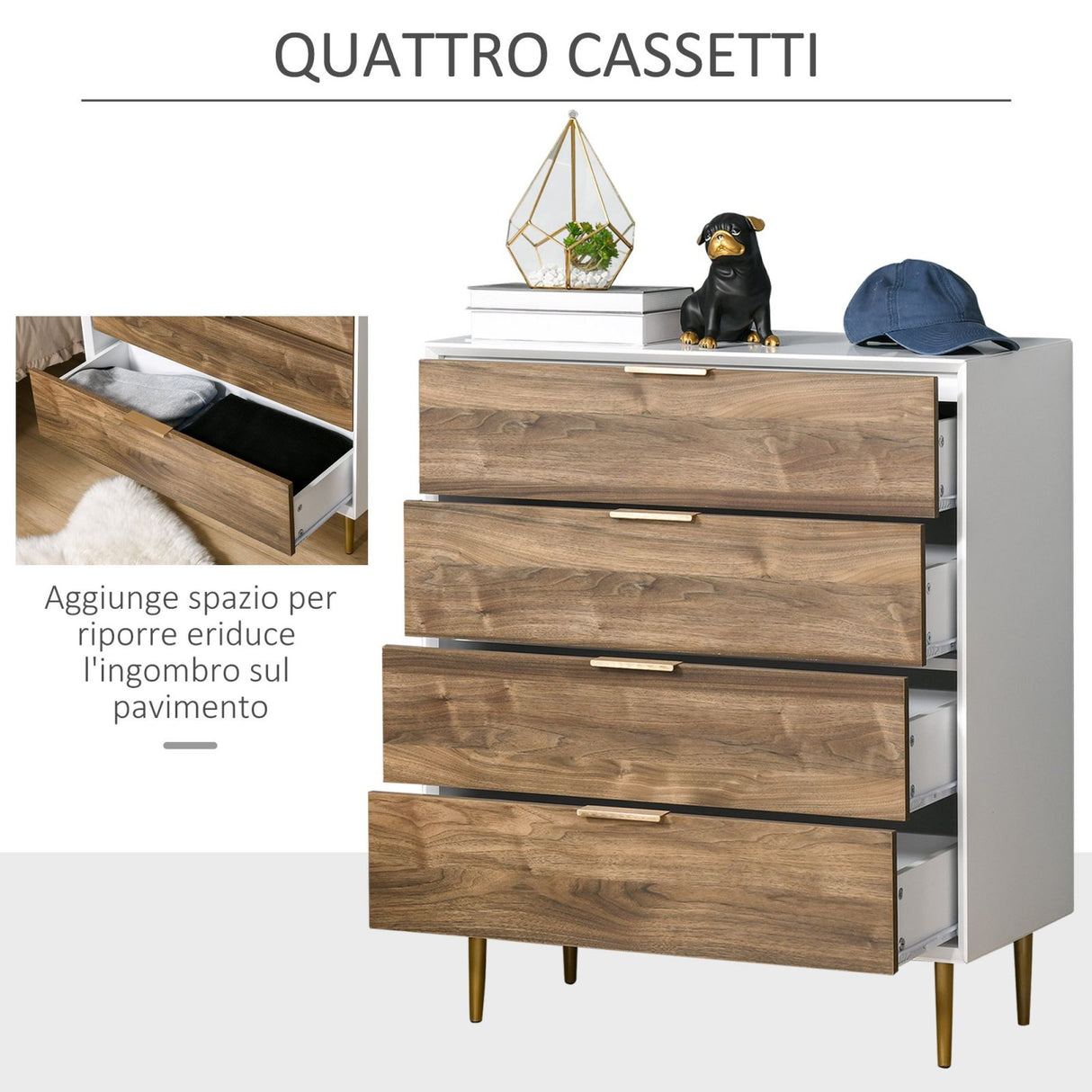 easycomfort easycomfort cassettiera 4 cassetti con maniglie e piedini dorati in legno bianco e noce