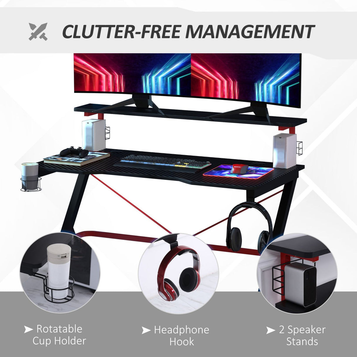 easycomfort easycomfort scrivania gaming con ripiano monitor con gancio e portabicchieri nero