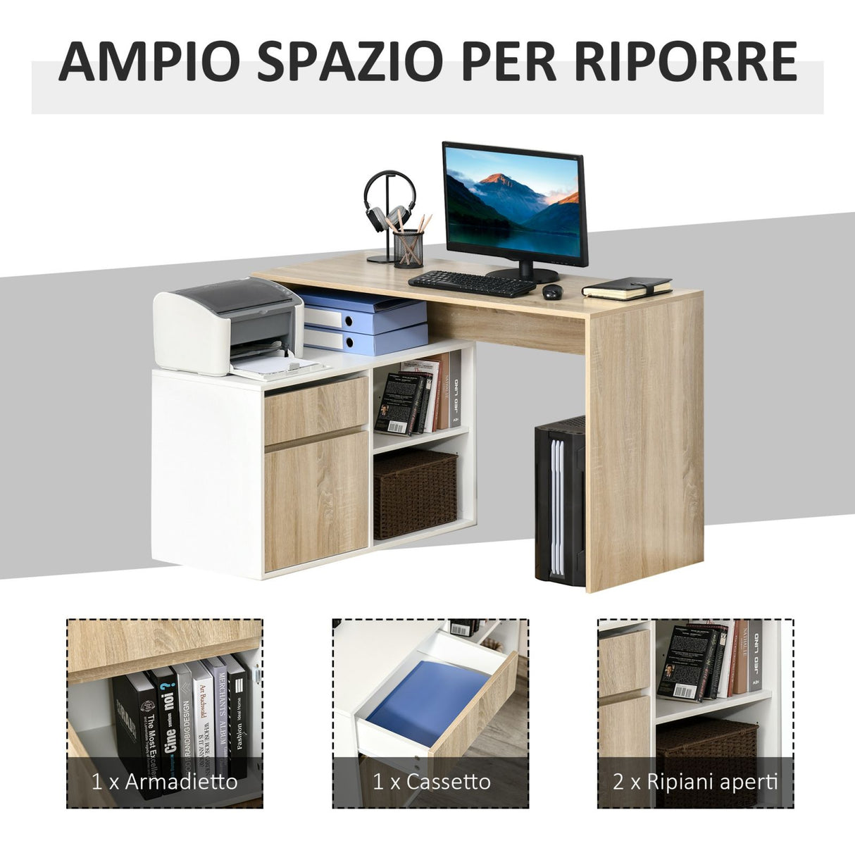 easycomfort easycomfort scrivania salvaspazio angolare per computer in legno rovere e bianco