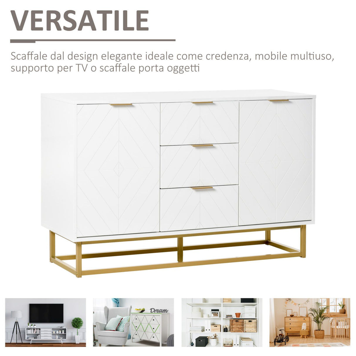 easycomfort easycomfort credenza buffet con 3 cassetti e 2 ante bianco con gambe in metallo dorate