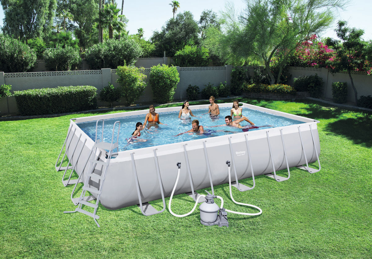 bestway piscina bestway fuori terra rettangolare power steel con top di copertura e scaletta filtro a sabbia da 5 678 lh cod 56471
