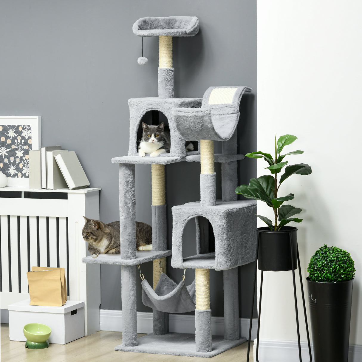 easycomfort easycomfort albero per gatti con amaca lettino e 2 casette in truciolato e peluche 55x49x177 cm grigio e bianco