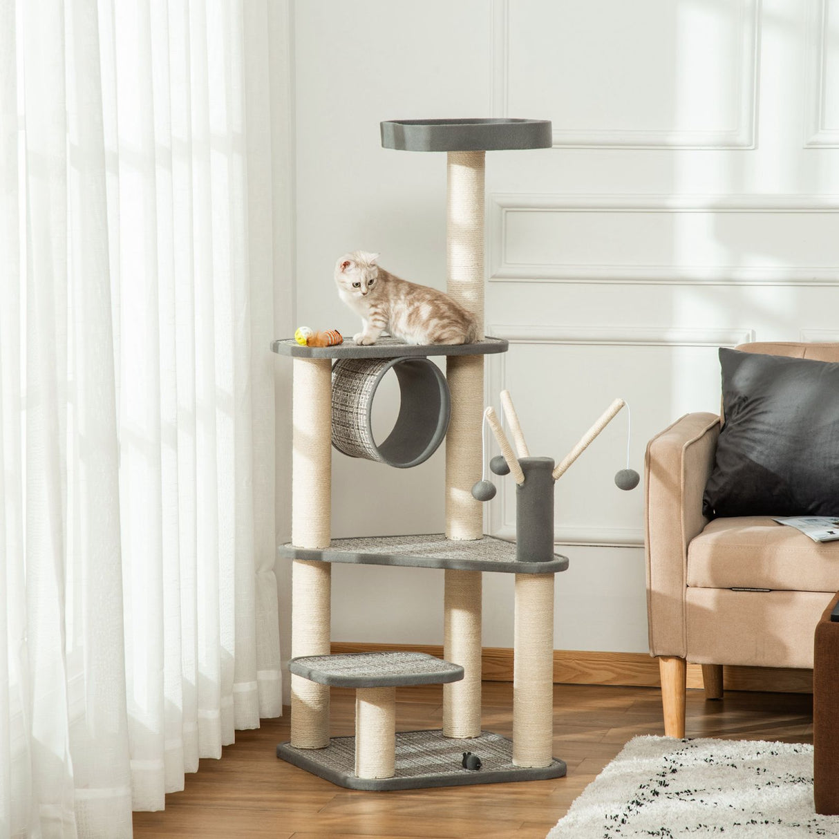 easycomfort easycomfort albero tiragraffi per gatti adulti e gattini da 130cm tunnel per gatti e pali in sisal grigio