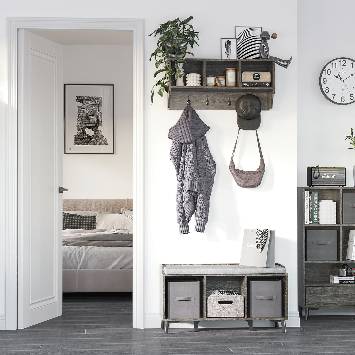 easycomfort easycomfort appendiabiti a muro stile rustico con 4 ganci e vani in legno e metallo 80x24x35 5cm grigio