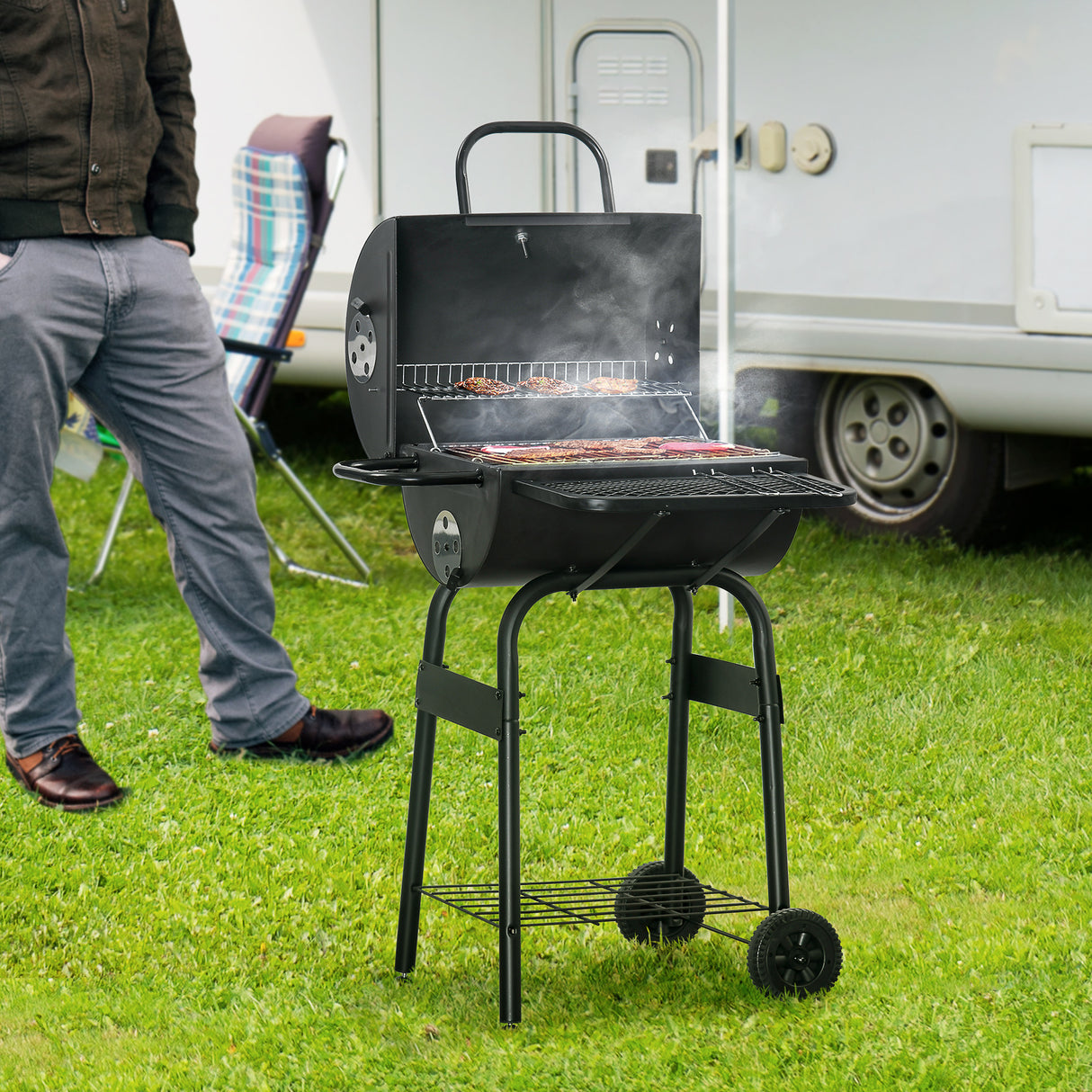 easycomfort easycomfort barbecue a carbone con coperchio termometro mensole e ruote 68x63x102cm nero