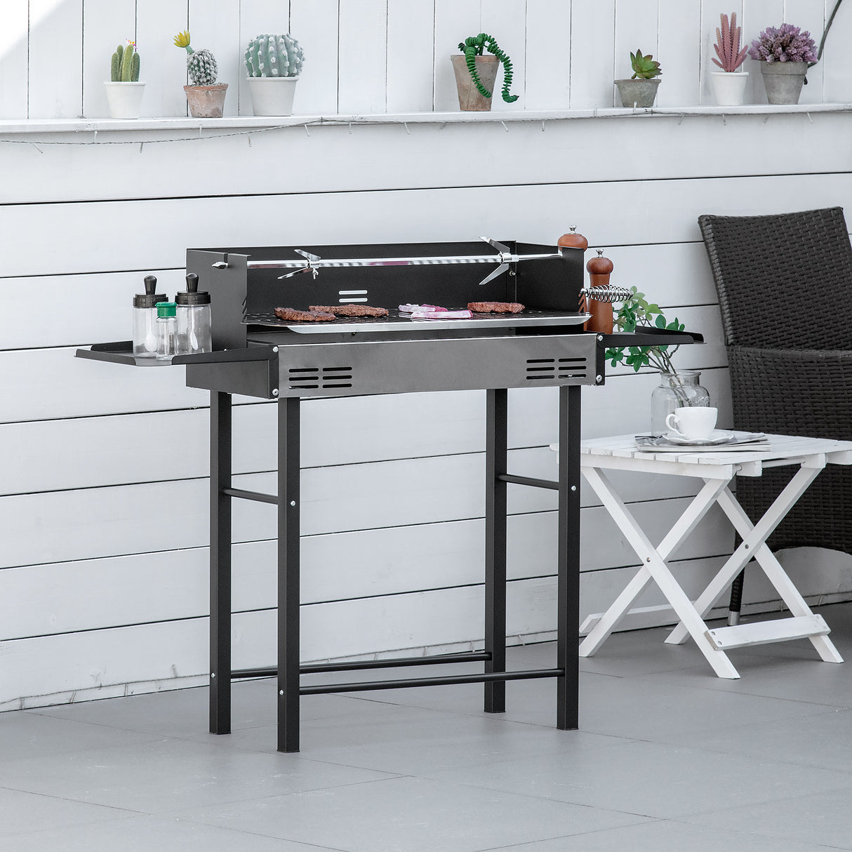 easycomfort easycomfort barbecue a carbone con griglia girarrosto e mensole pieghevoli 118x32x90cm