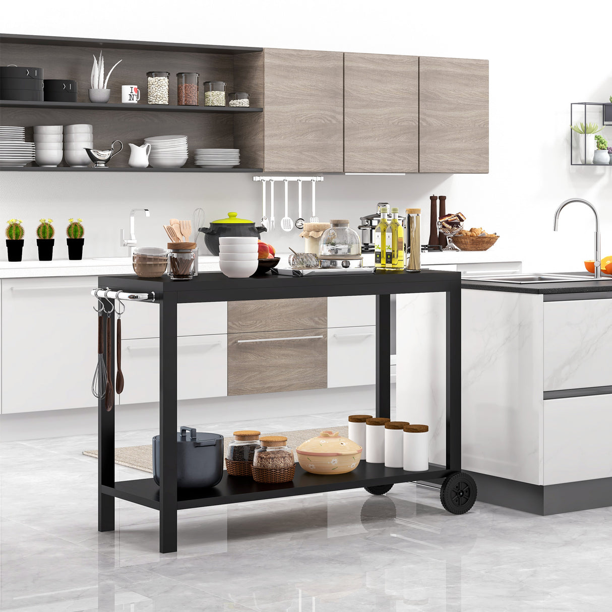 easycomfort easycomfort carrello da cucina a 2 livelli con maniglie e ganci laterali in acciaio 128x46 5x86 5 cm nero