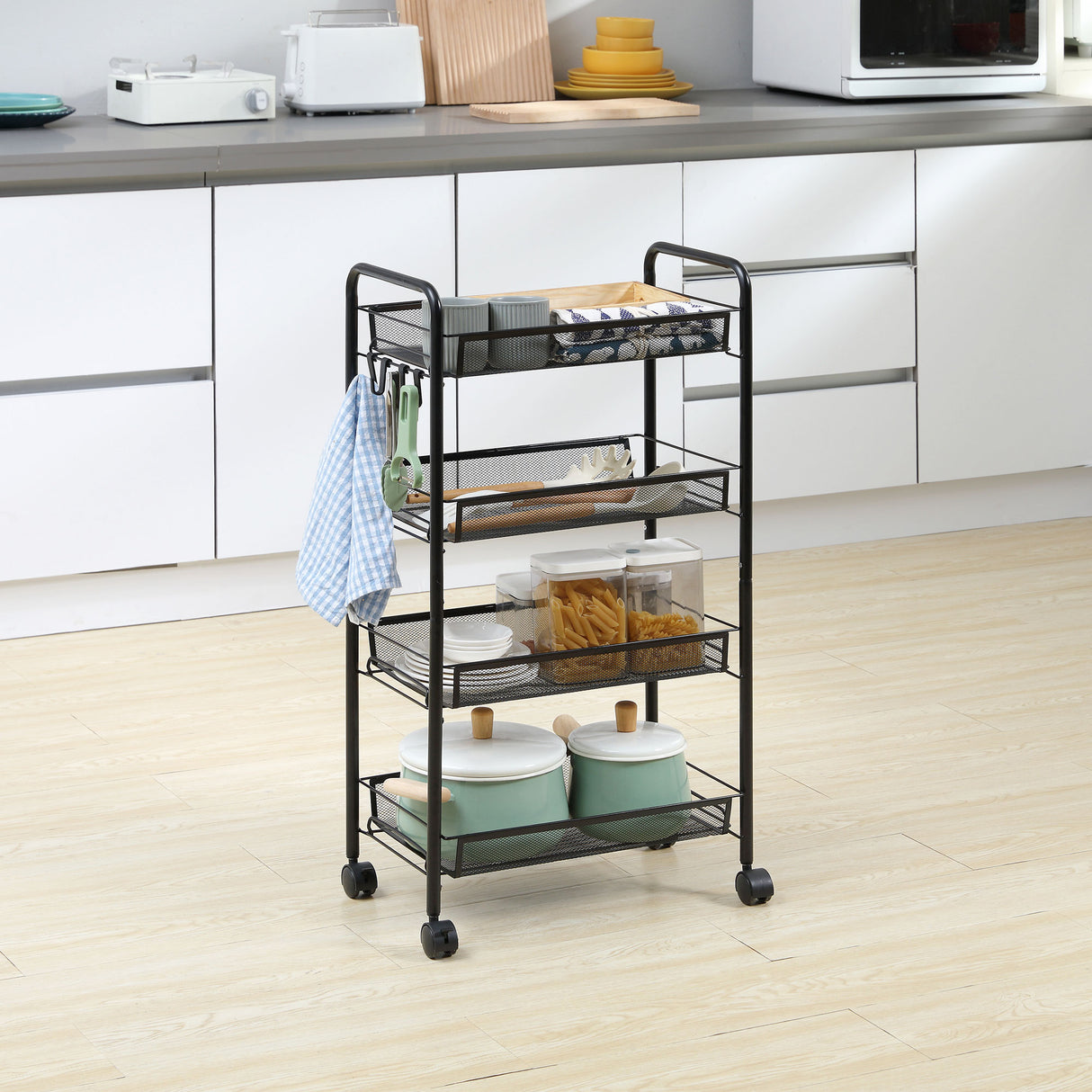 easycomfort easycomfort carrello da cucina a 4 ripiani rimovibili con 4 ganci e ruote in acciaio e plastica pp 45x26 5x84 cm nero