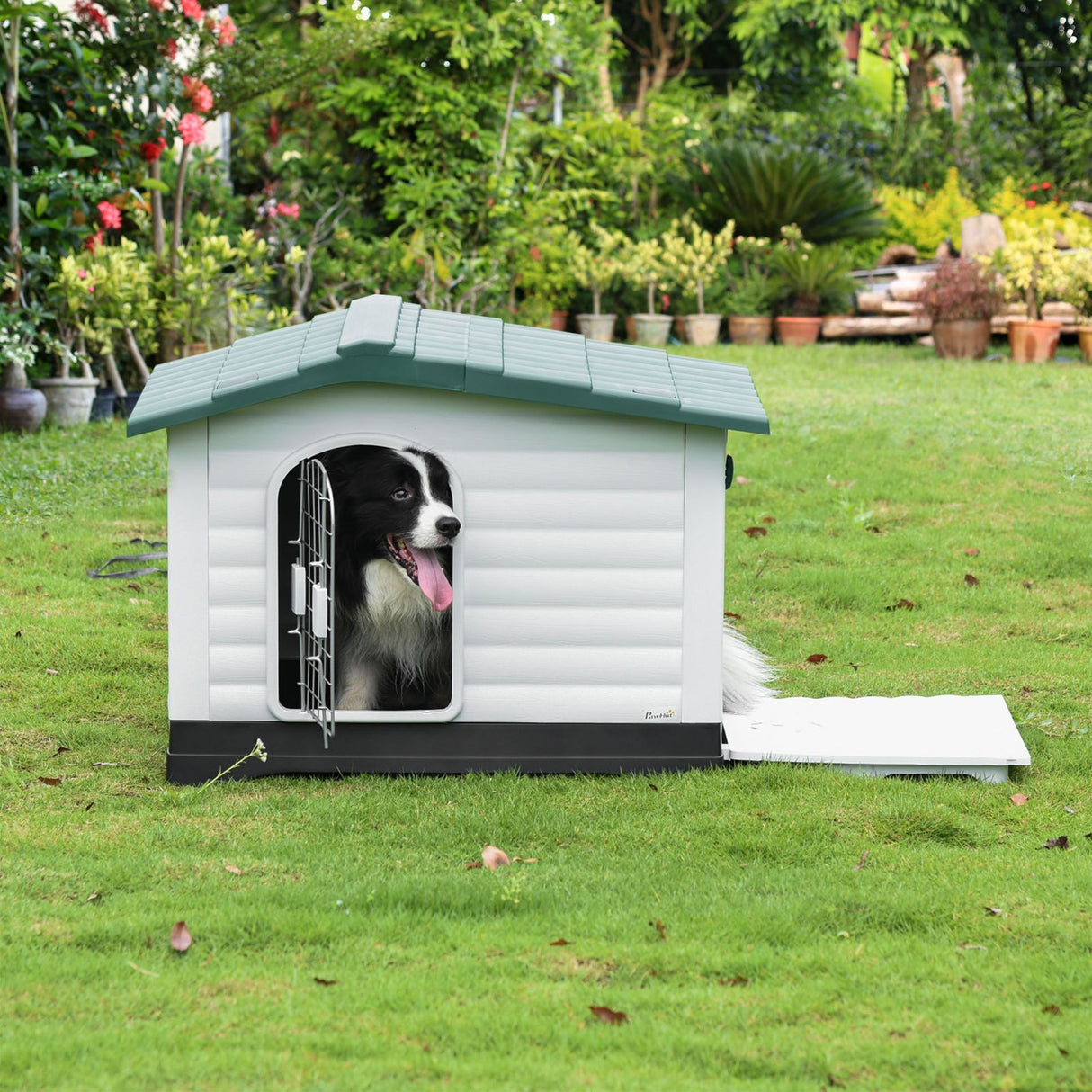 easycomfort easycomfort casetta cuccia per cani da esterno in plastica con cancello reversibile e finestra 91x69x66cm bianco verde