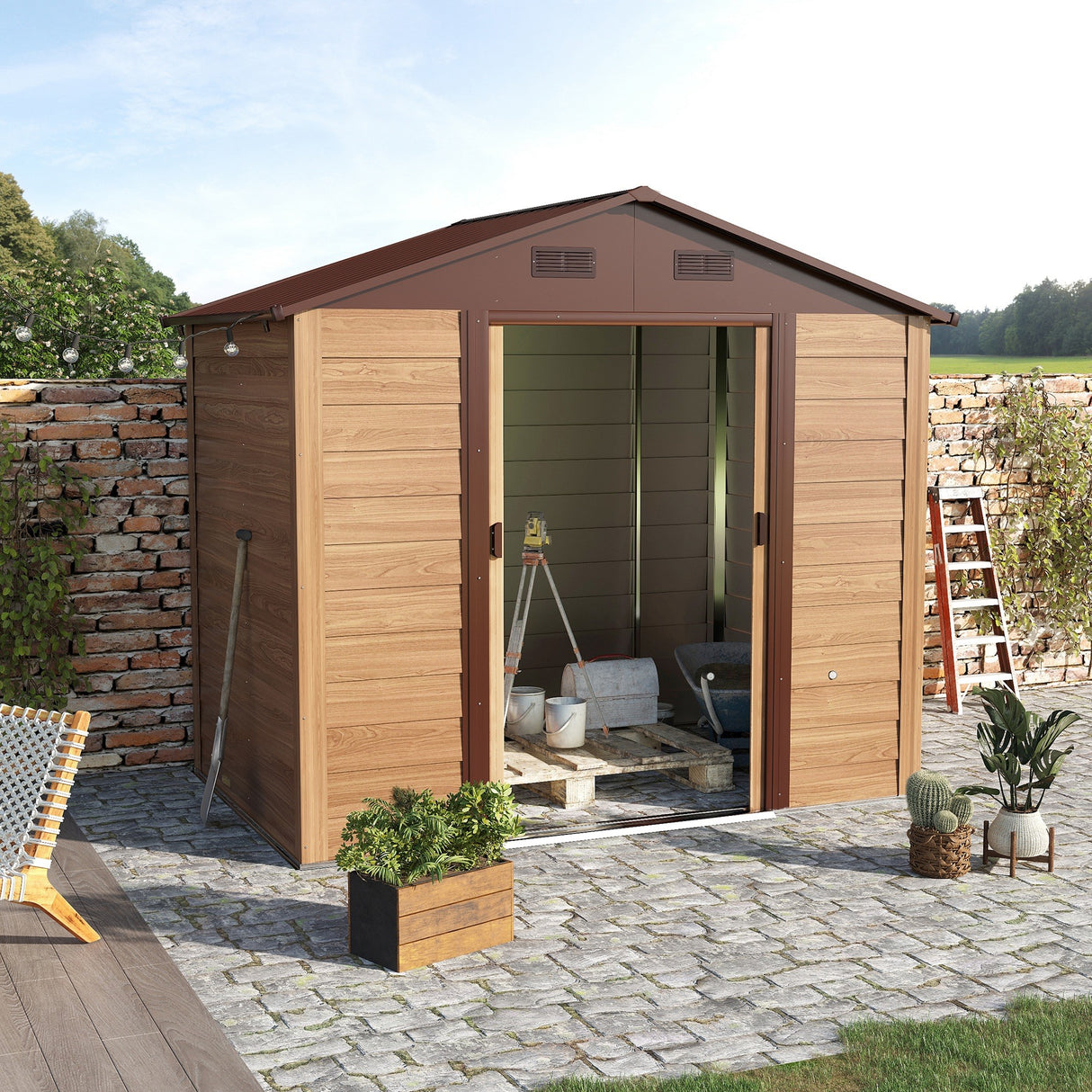 easycomfort easycomfort casetta da giardino porta attrezzi in acciaio con porte scorrevoli e prese daria 196x236x208cm marrone