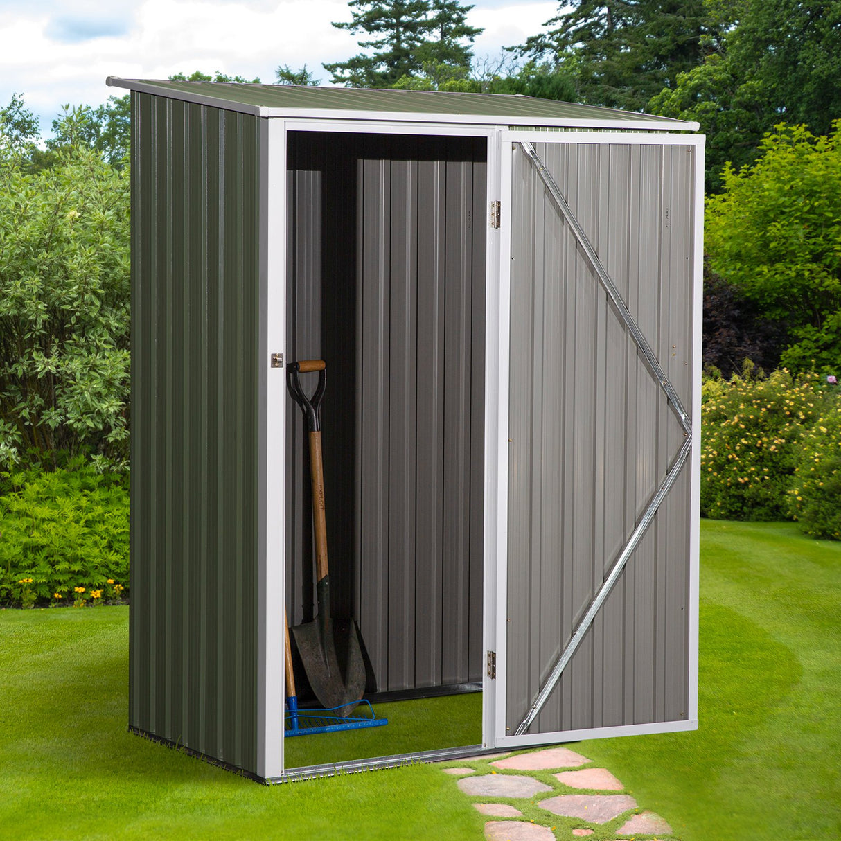 easycomfort easycomfort casetta da giardino porta utensili in lamiera di acciaio capanno da giardino in acciaio con porte scorrevoli 143x89x186cm verde chiaro ean 8054144139067