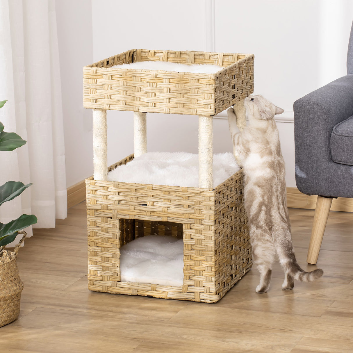 easycomfort easycomfort casetta per gatti a 3 livelli in rattan pe con cuscini lavabili in peluche 40x40x70cm legno