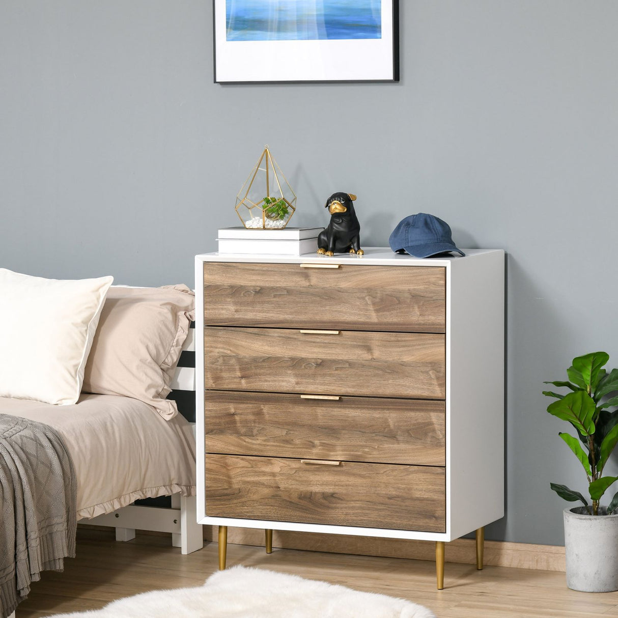 easycomfort easycomfort cassettiera 4 cassetti con maniglie e piedini dorati in legno bianco e noce