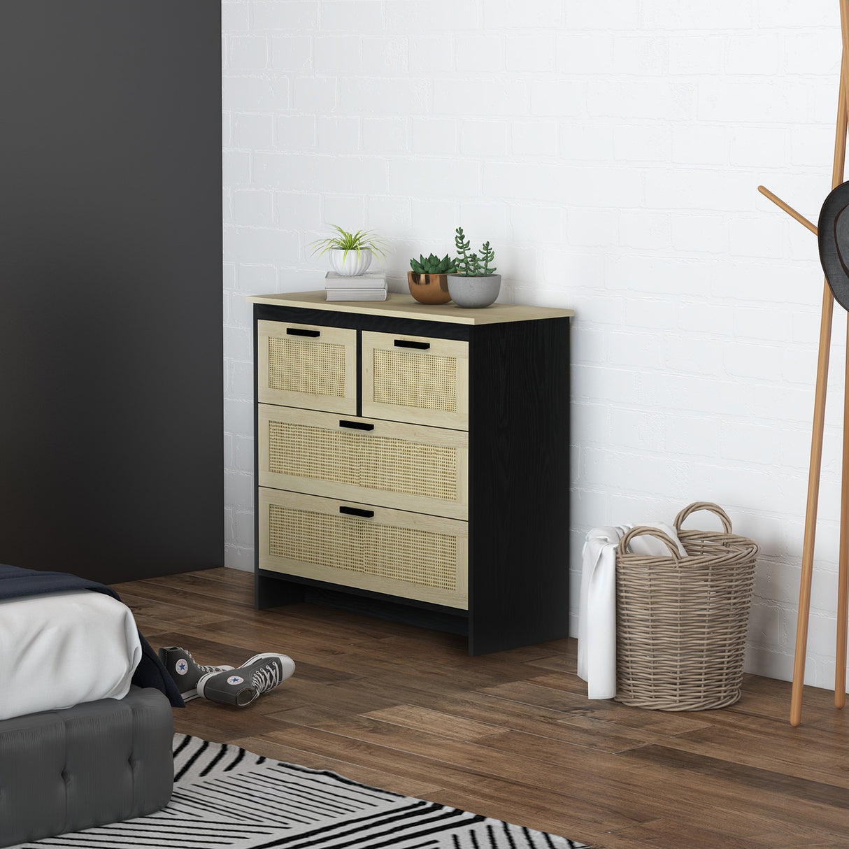 easycomfort easycomfort cassettiera 4 cassetti in truciolato e rattan per soggiorno e camera da letto 80x38x80 cm nero e color legno