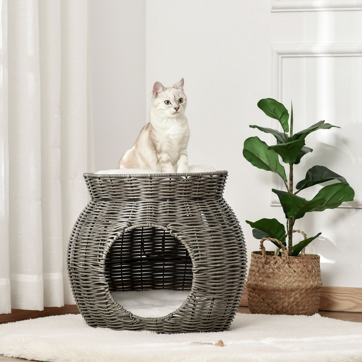 easycomfort easycomfort cesta per gatti a 2 livelli in rattan pe con cuscini lavabili in peluche 50x43 5cm grigio scuro