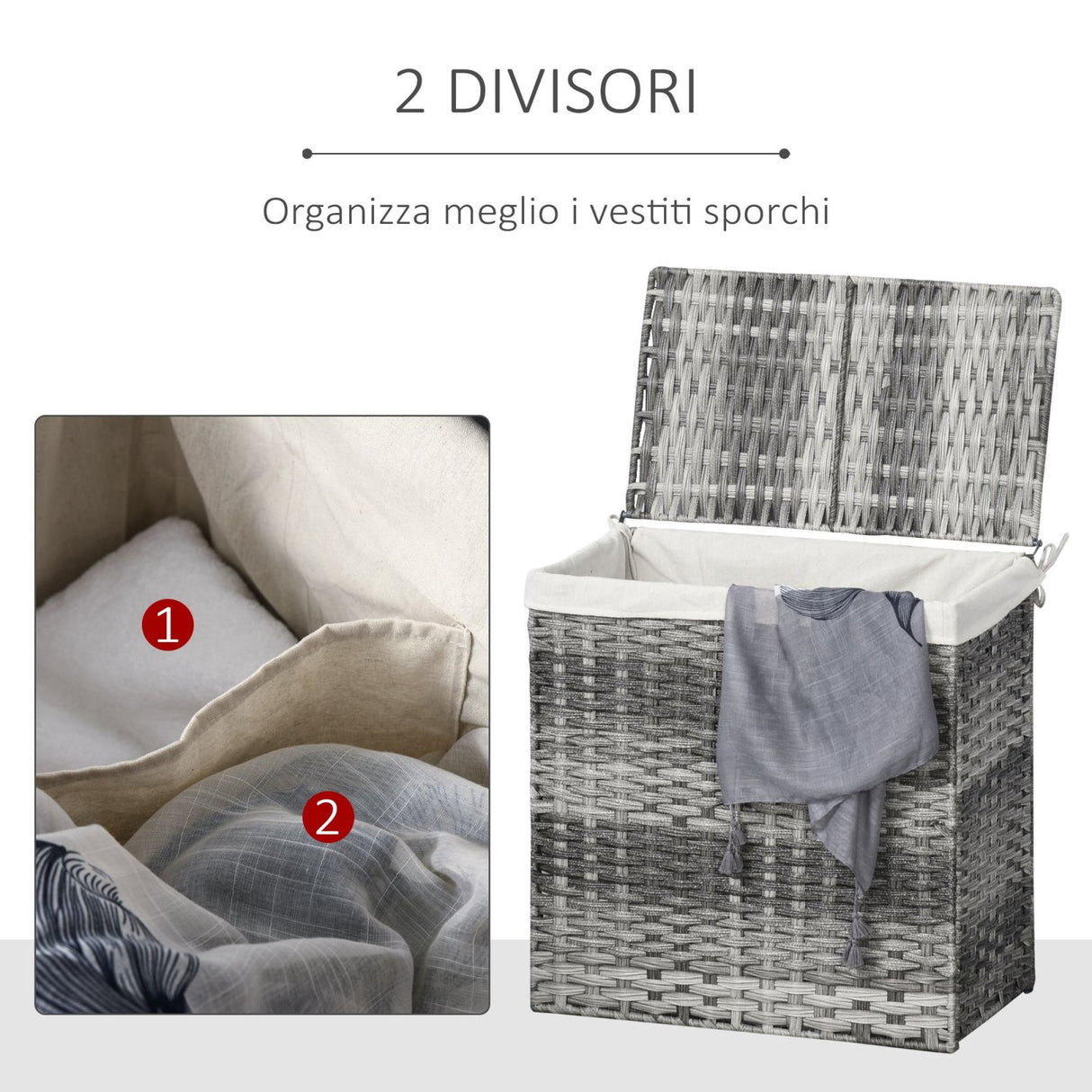 easycomfort easycomfort cesto portabiancheria pieghevole con coperchio in rattan pe e sacco in policotone 57x34x60cm grigio ean 8054144133379