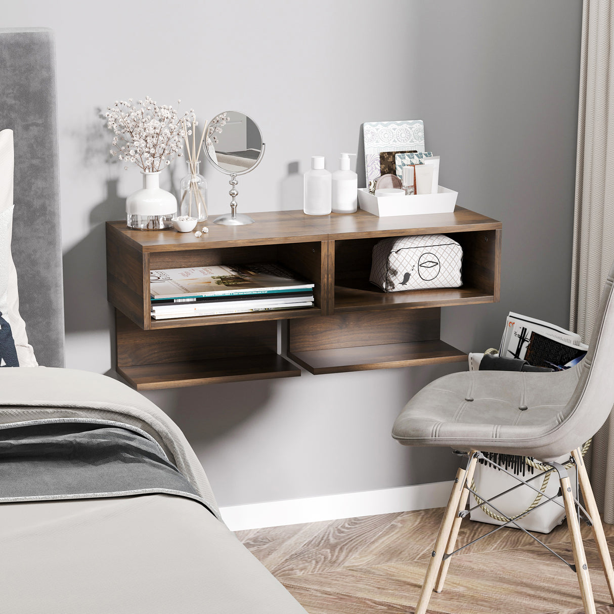 easycomfort easycomfort comodini sospesi da parete color noce set 2 pezzi in mdf con ripiano aperto e piano dappoggio 40x29 5x33 5 cm