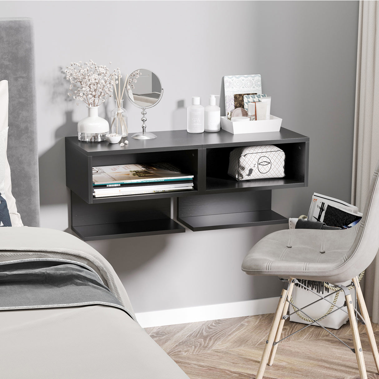 easycomfort easycomfort comodini sospesi da parete set 2 pezzi in mdf con ripiano aperto e piano dappoggio 40x29 5x33 5cm nero