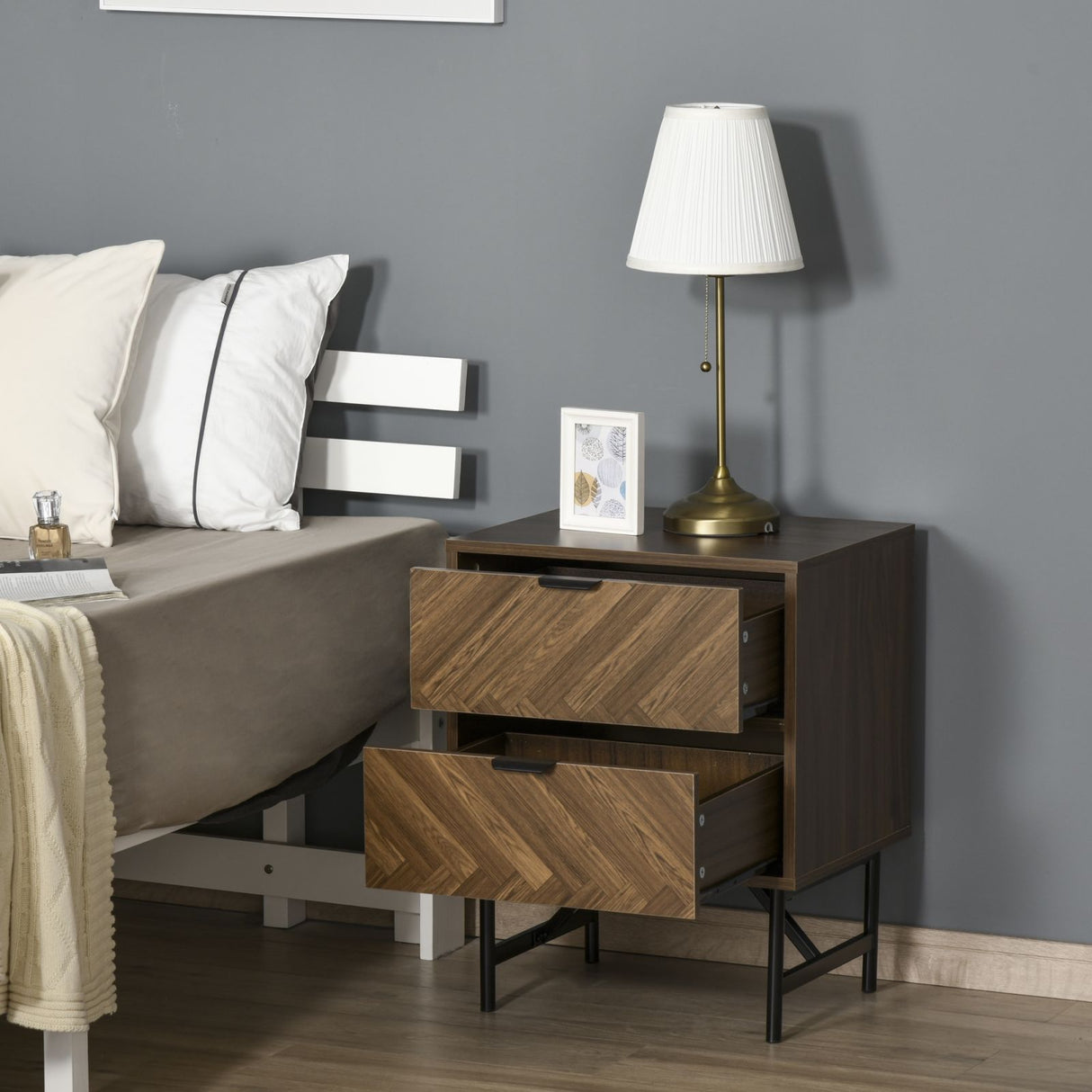 easycomfort easycomfort comodino con 2 cassetti in legno design in stile industriale color noce e nero ean 8054144138589