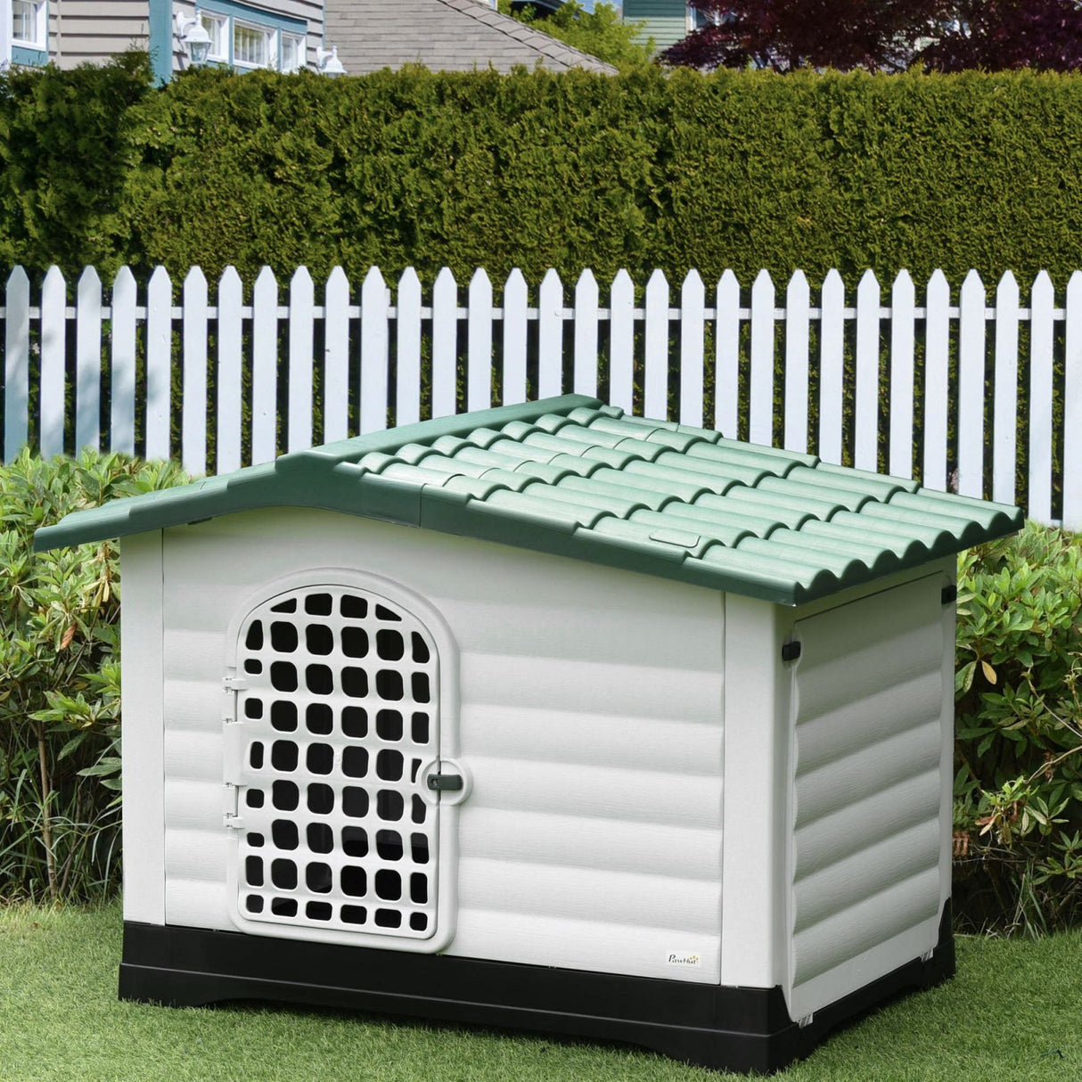 easycomfort easycomfort cuccia per cani da esterno in plastica con cancello e finestra 111x84x80cm bianco verde