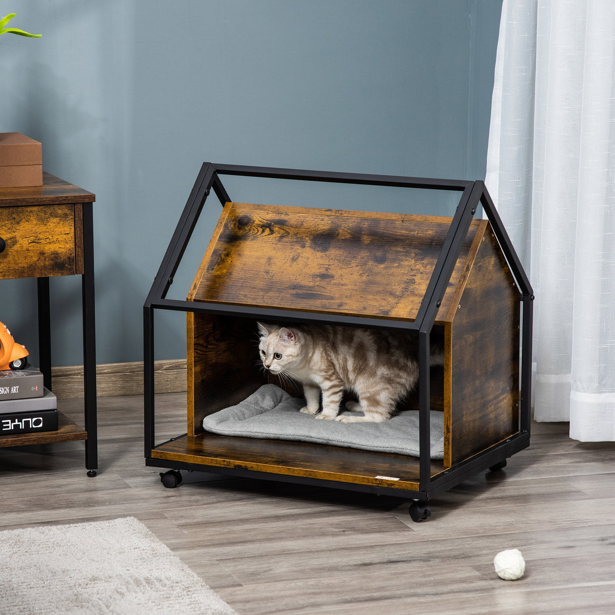easycomfort easycomfort cuccia per gatti da interno con cuscino lavabile casetta per gatti in legno e acciaio stile industriale con 4 ruote marrone rustico