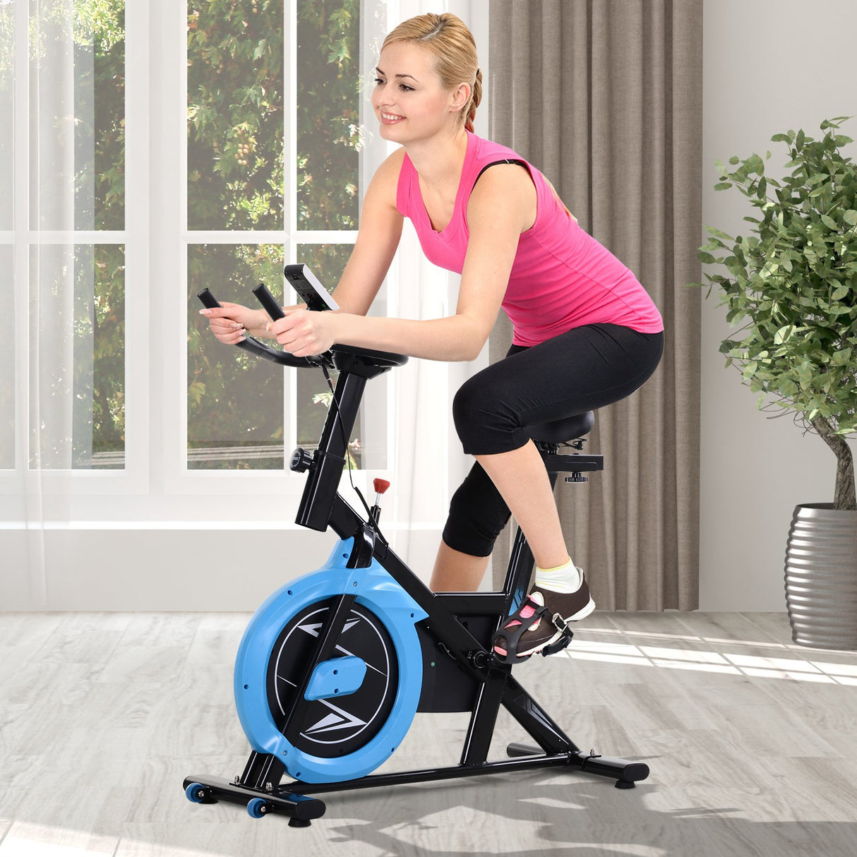 easycomfort easycomfort cyclette con trasmissione a cinghia bicicletta da allenamento con manubrio sellino regolabili schermo lcd fino a 120kg nero e azzurro ean 8055776910253