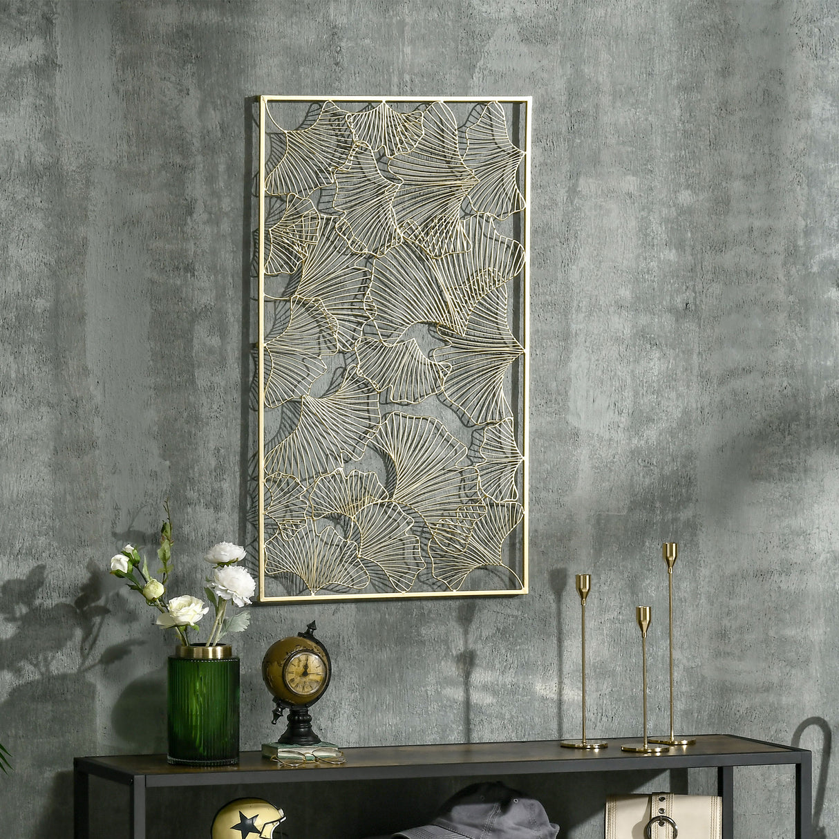 easycomfort easycomfort decorazione murale 3d rettangolare in metallo wall art dorata con cornice e foglie di ginkgo 50x85cm
