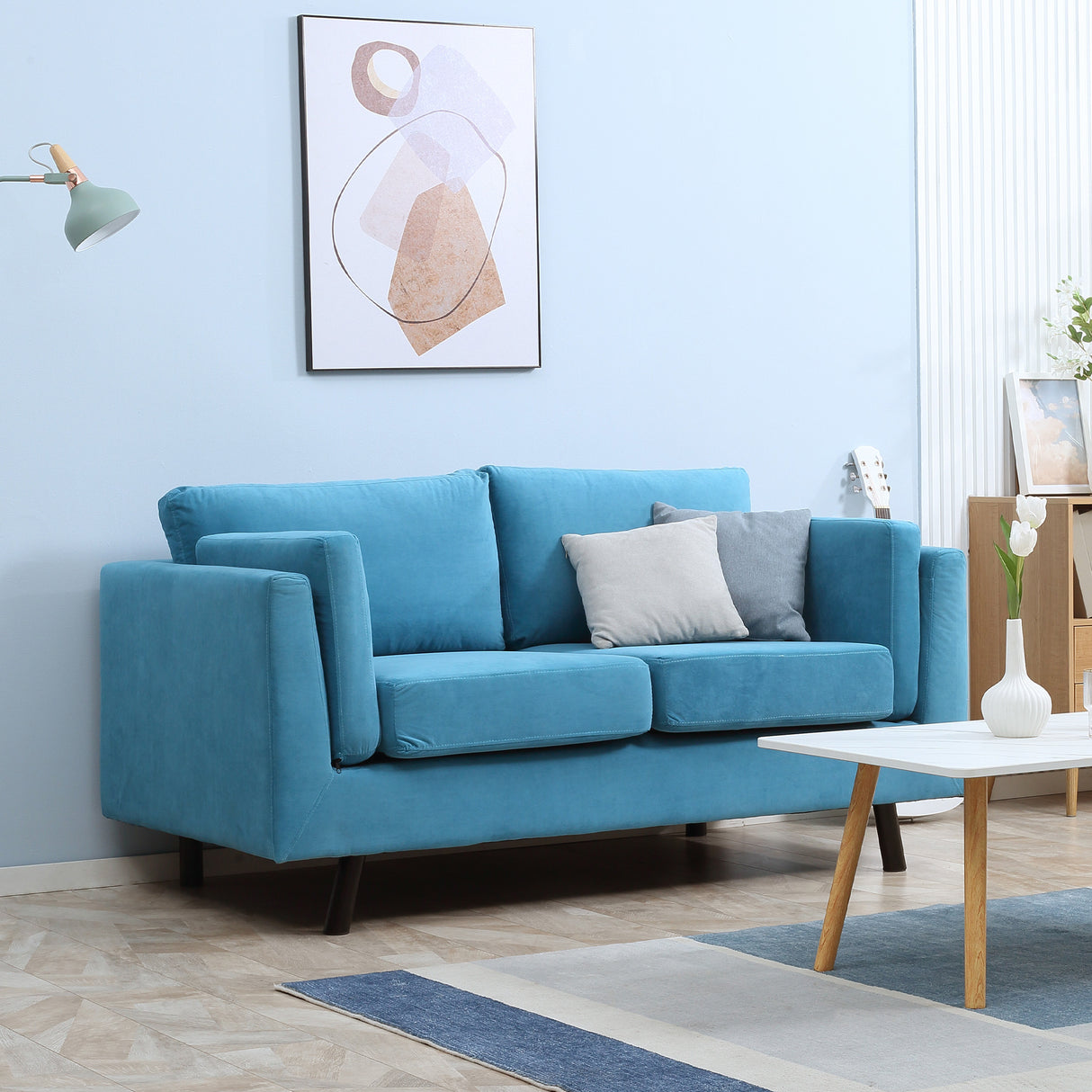 easycomfort easycomfort divano 2 posti moderno con braccioli imbottiti in tessuto effetto velluto e gambe in legno 170x90x85 cm blu