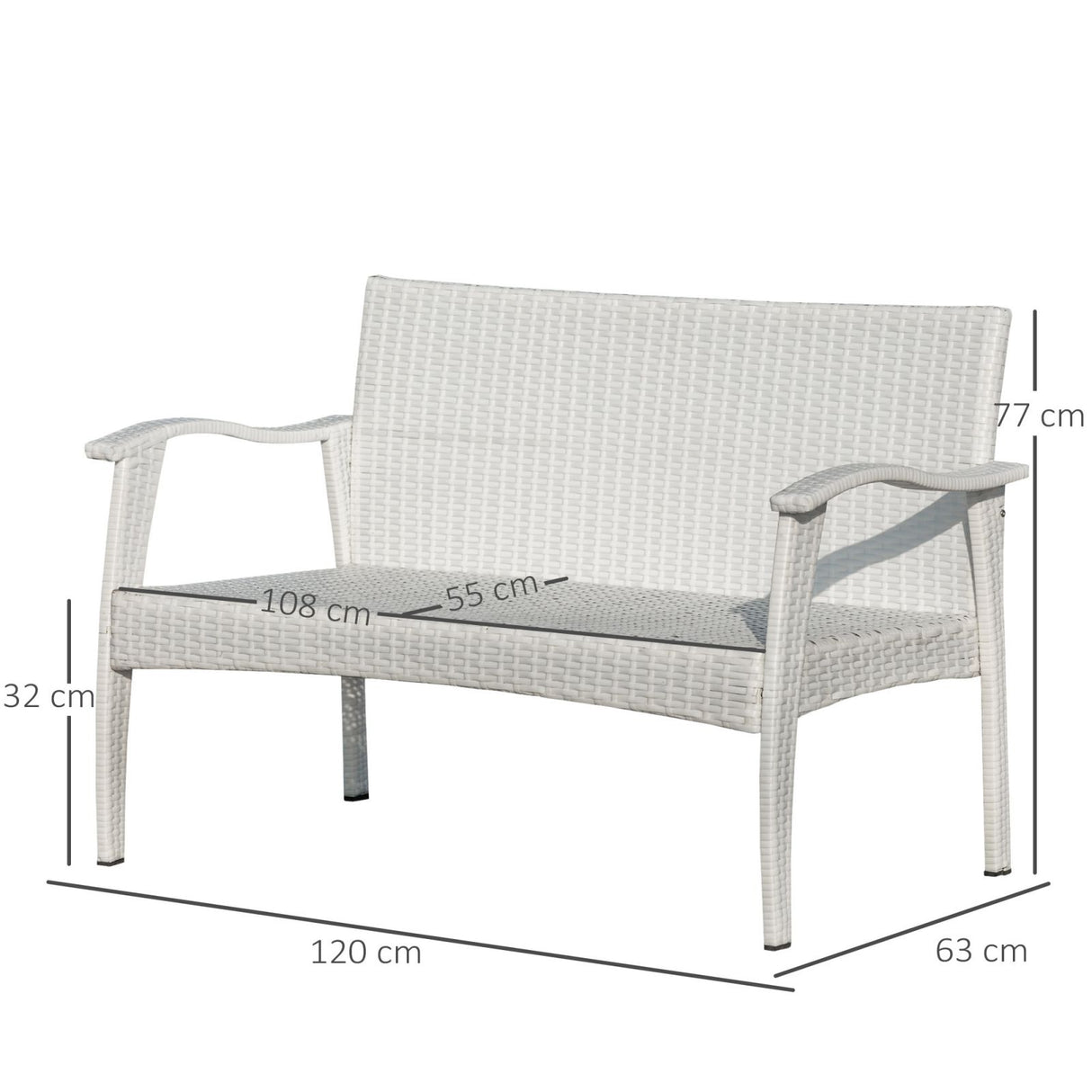 easycomfort easycomfort divano da esterno 2 posti in rattan pe panchina da giardino con cuscini e braccioli 120x63x77cm bianco ean 8055776911304